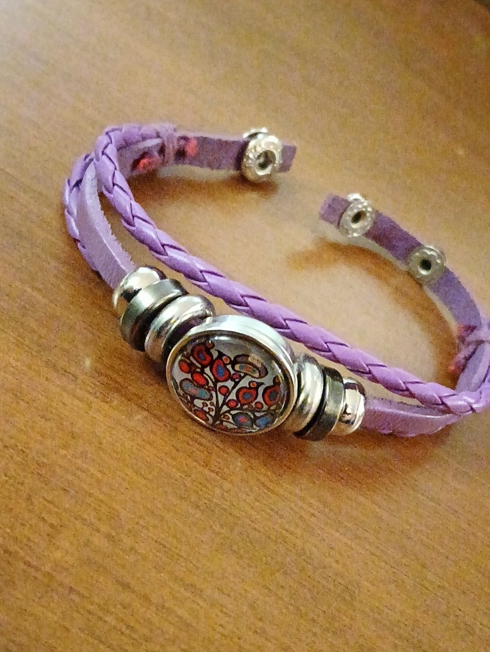 Lavender Braided Leather Tree of Life Snap Bracelet